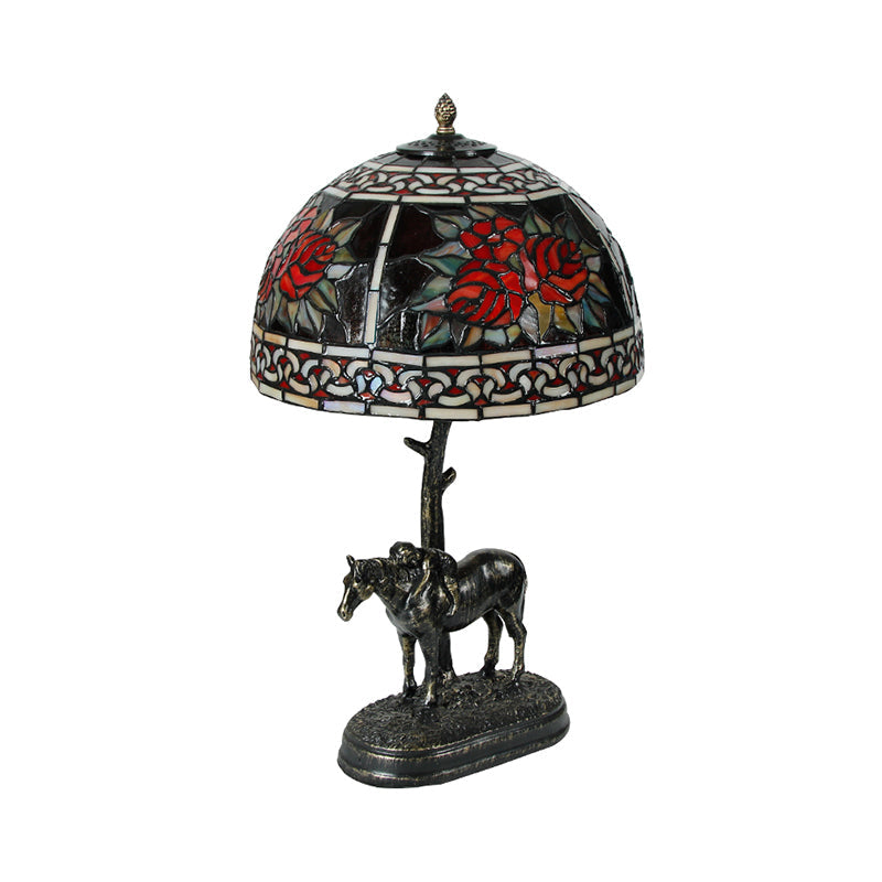 Rastaban - Vintage Stained Glass Bronze Desk Lamp Bowl 1-Bulb Night Table Light With Boy On Horse