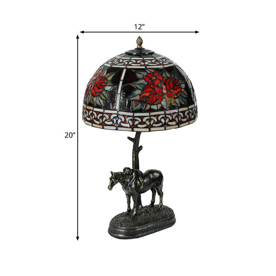 Rastaban - Vintage Stained Glass Bronze Desk Lamp Bowl 1-Bulb Night Table Light With Boy On Horse