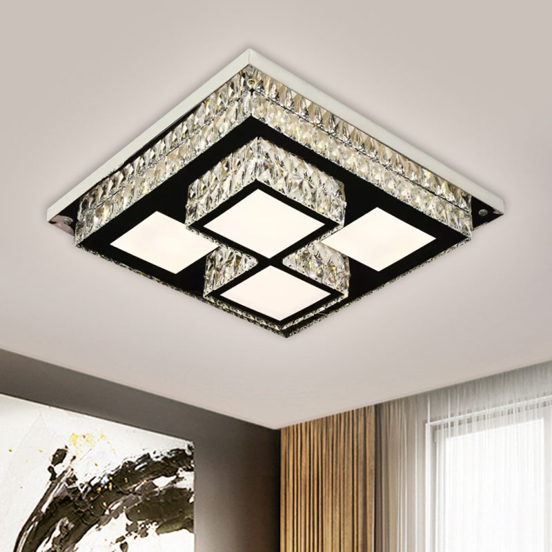Simplicity Led Flush Mount Nickel Ceiling Light With Crystal Block Shade