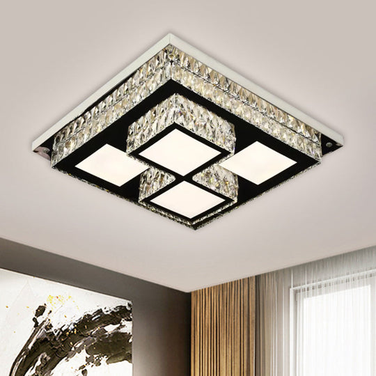 Simplicity Led Flush Mount Nickel Ceiling Light With Crystal Block Shade