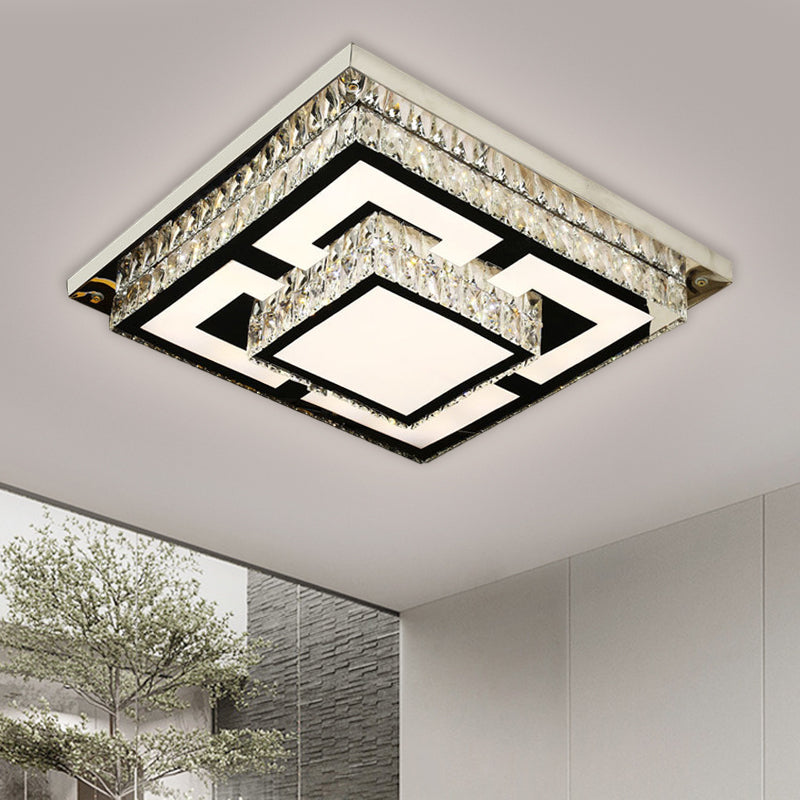 Simplicity Led Flush Mount Nickel Ceiling Light With Crystal Block Shade