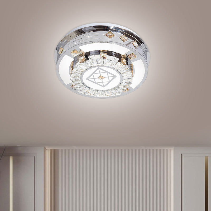 Modern Chrome Led Round Flush Mount Crystal Ceiling Light In Warm/White 19.5’/31.5’ Wide /