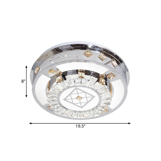 Modern Chrome Led Round Flush Mount Crystal Ceiling Light In Warm/White 19.5’/31.5’ Wide