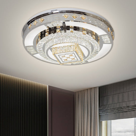 Modern Chrome Led Round Flush Mount Crystal Ceiling Light In Warm/White 19.5/31.5 Wide