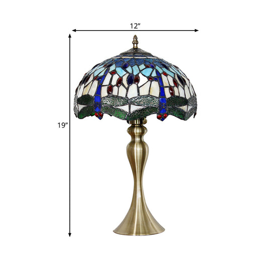 Mediterranean Style Blue Stained Glass Head Table Lamp With Beaded Scalloped Shade - Nightstand