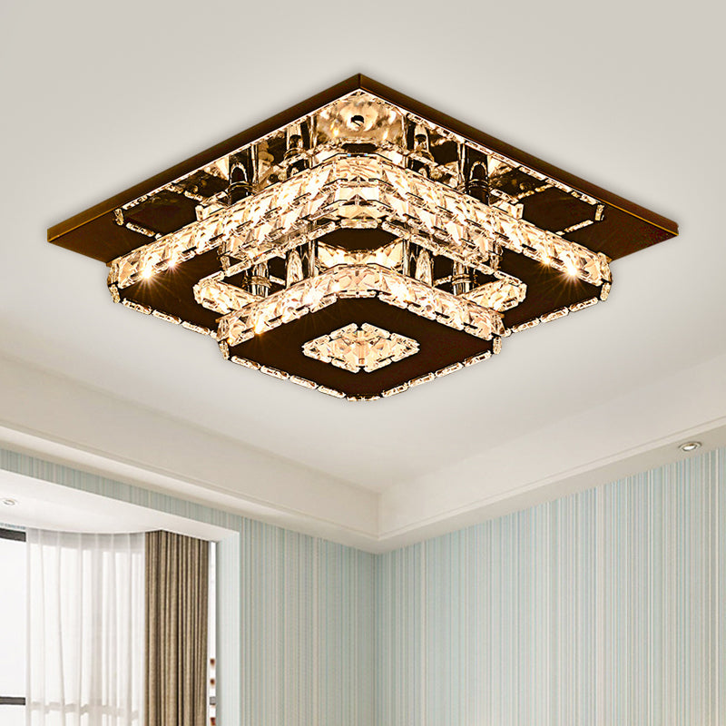 Contemporary 2-Tier Crystal Ceiling Fixture - 12/26.5 Wide Stainless-Steel Led Flush Mount Lighting