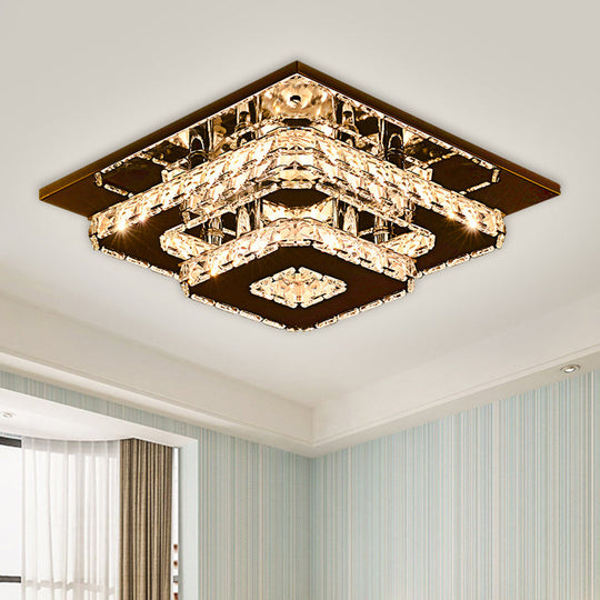 Contemporary 2-Tier Crystal Ceiling Fixture - 12/26.5 Wide Stainless-Steel Led Flush Mount Lighting