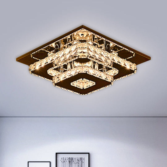 Contemporary 2-Tier Crystal Ceiling Fixture - 12/26.5 Wide Stainless-Steel Led Flush Mount Lighting