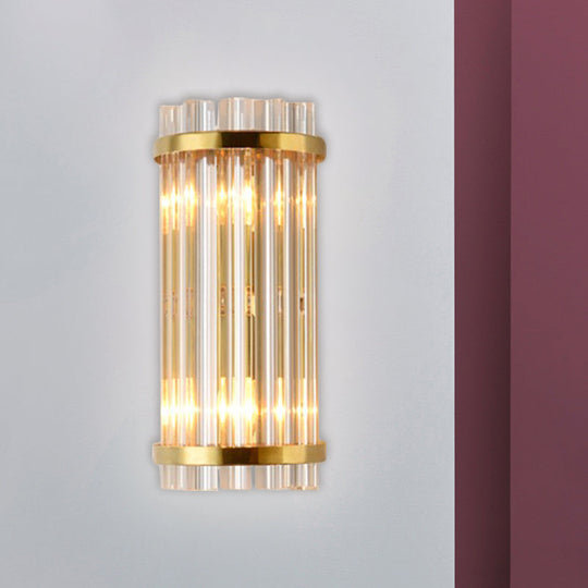 Modernist Gold Cylinder Wall Lamp With Crystal Rod Shade - 2 Lights Mount Lighting