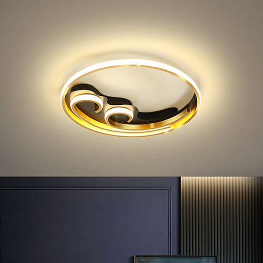 Metallic Led Nordic Flush Light Fixture - Waves Bedroom Semi Mount Lighting In Gold/Black-Gold