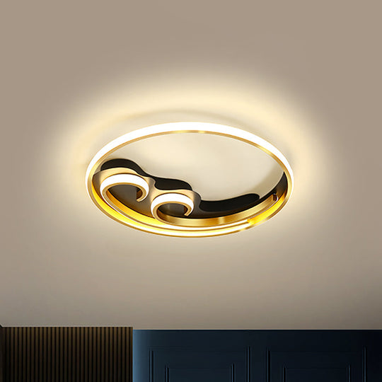 Metallic Led Nordic Flush Light Fixture - Waves Bedroom Semi Mount Lighting In Gold/Black-Gold