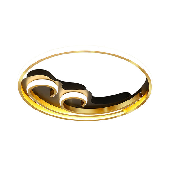 Metallic Led Nordic Flush Light Fixture - Waves Bedroom Semi Mount Lighting In Gold/Black-Gold