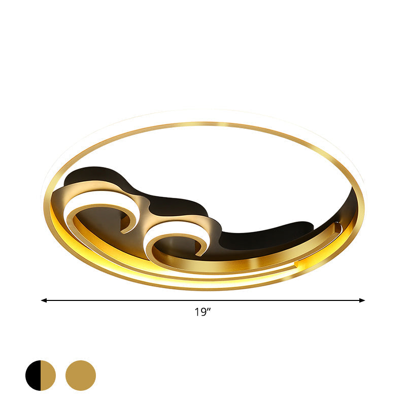 Metallic Led Nordic Flush Light Fixture - Waves Bedroom Semi Mount Lighting In Gold/Black - Gold