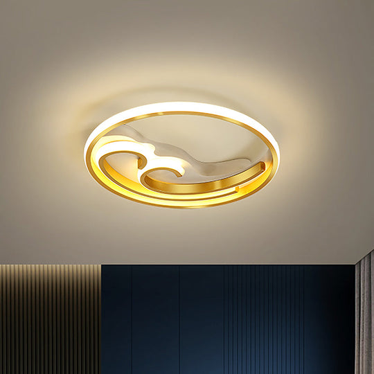 Metallic Led Nordic Flush Light Fixture - Waves Bedroom Semi Mount Lighting In Gold/Black-Gold