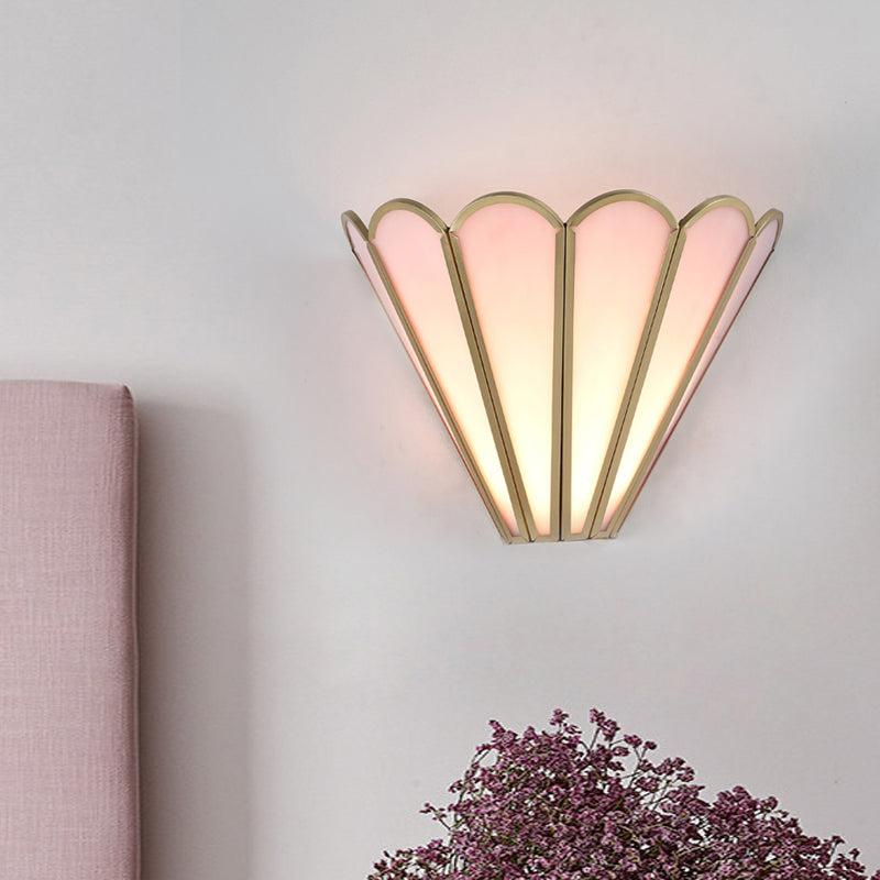 Cartoon Brass Badminton Wall Light With Pink Glass For Living Room