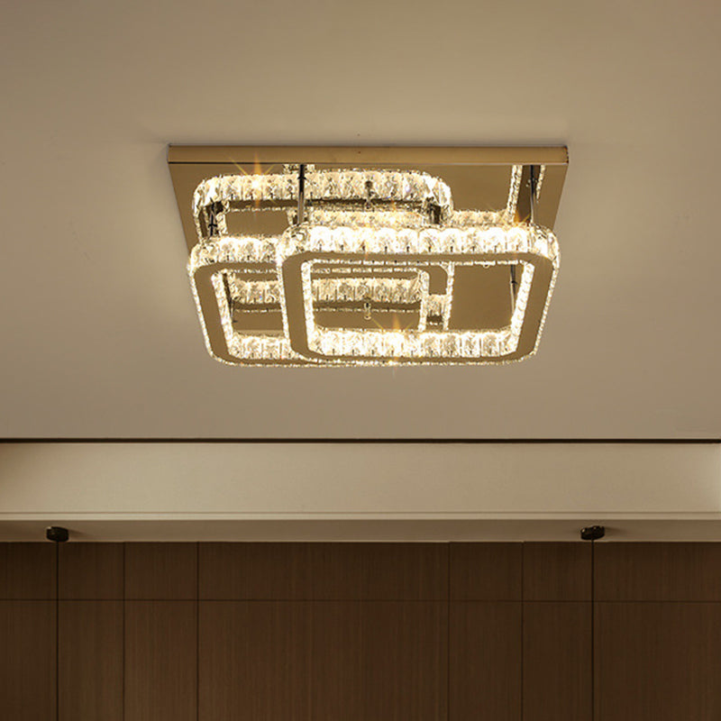 Modern Crystal Led Ceiling Light In Warm/White - Square Cut Design 19.5’/23.5’ Width Chrome Finish