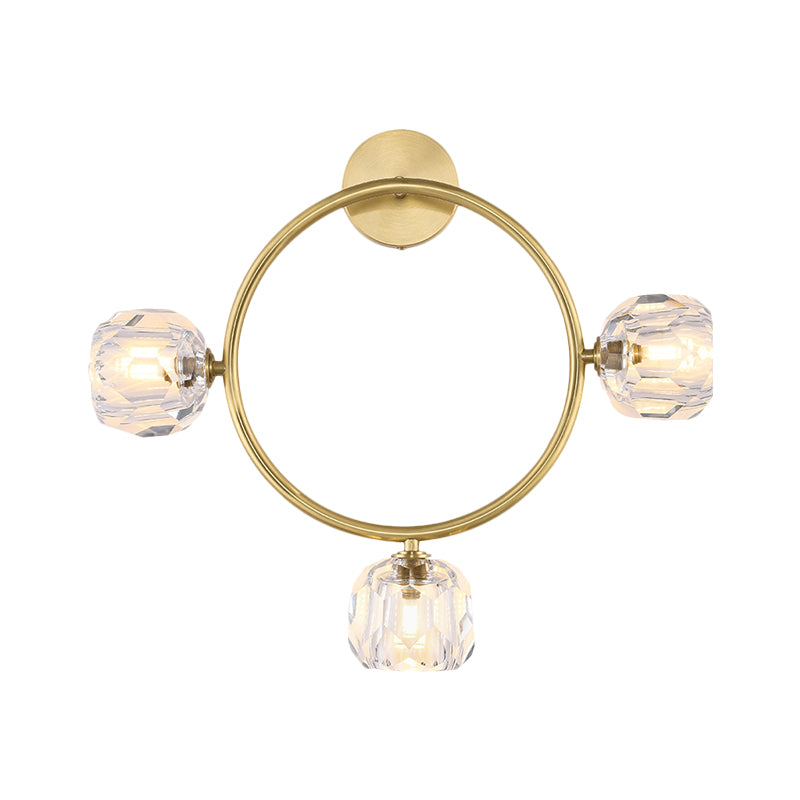 Contemporary 3-Head Brass Wall Sconce With Modo Crystal Shade - Ring/Square Light Fixture