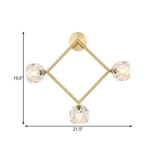 Contemporary 3-Head Brass Wall Sconce With Modo Crystal Shade - Ring/Square Light Fixture