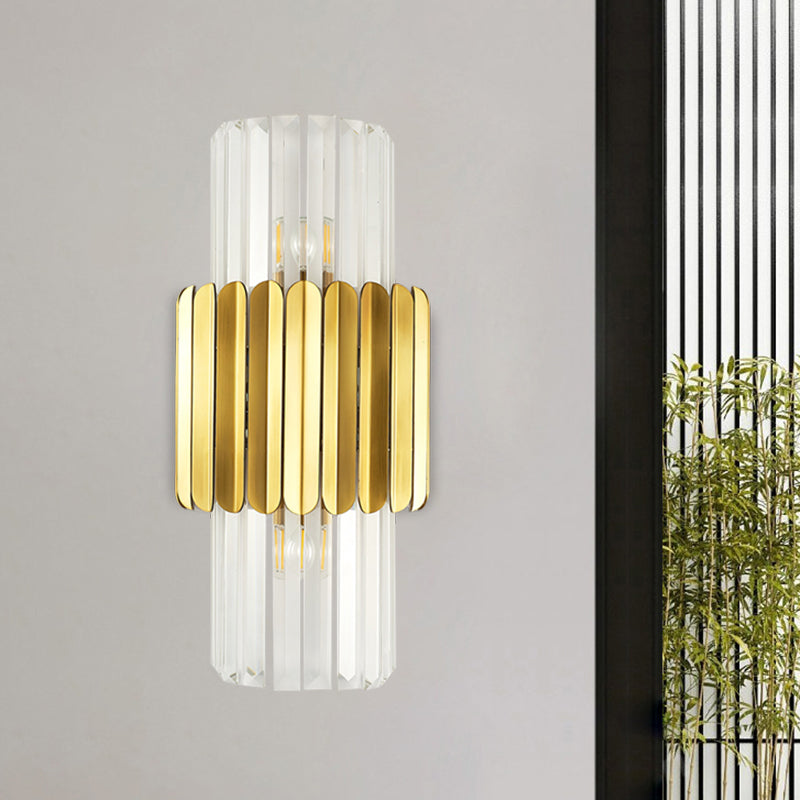 Minimalist Gold Half-Cylinder Crystal Sconce Light Fixture - 2 Lights For Bedroom Wall Lighting