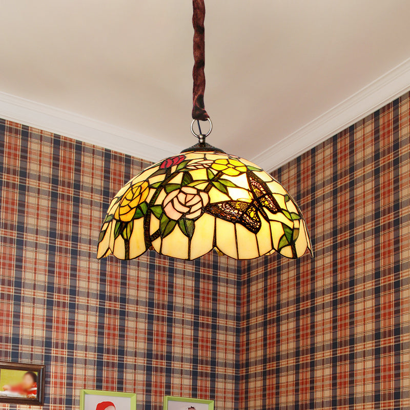 Classic Scalloped Hand Cut Glass Chandelier - 3-Head Suspended Lamp With Floral And Butterfly