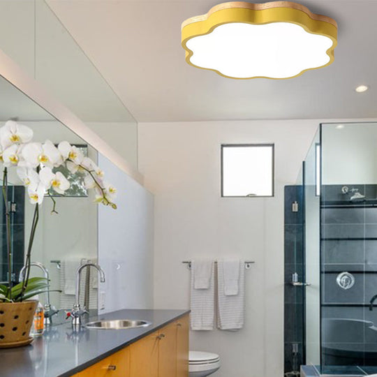 Kids Bedroom Wood Led Flush Mount Ceiling Light With Floral Shade