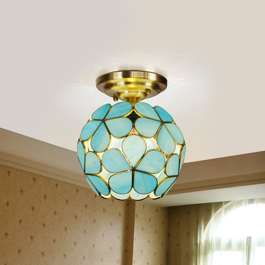 Victorian Stained Glass Flower Ceiling Light In White/Pink/Orange Semi - Mount