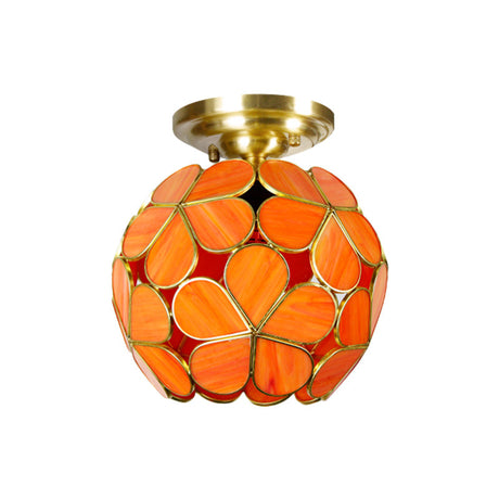Victorian Style Single Light Flower Ceiling Fixture - White/Pink/Orange Stained Glass Semi Mount
