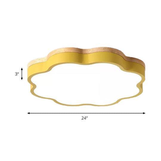 Kids Bedroom Wood Led Flush Mount Ceiling Light With Floral Shade