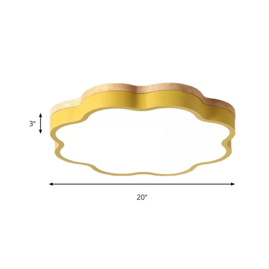 Kids Bedroom Wood Led Flush Mount Ceiling Light With Floral Shade