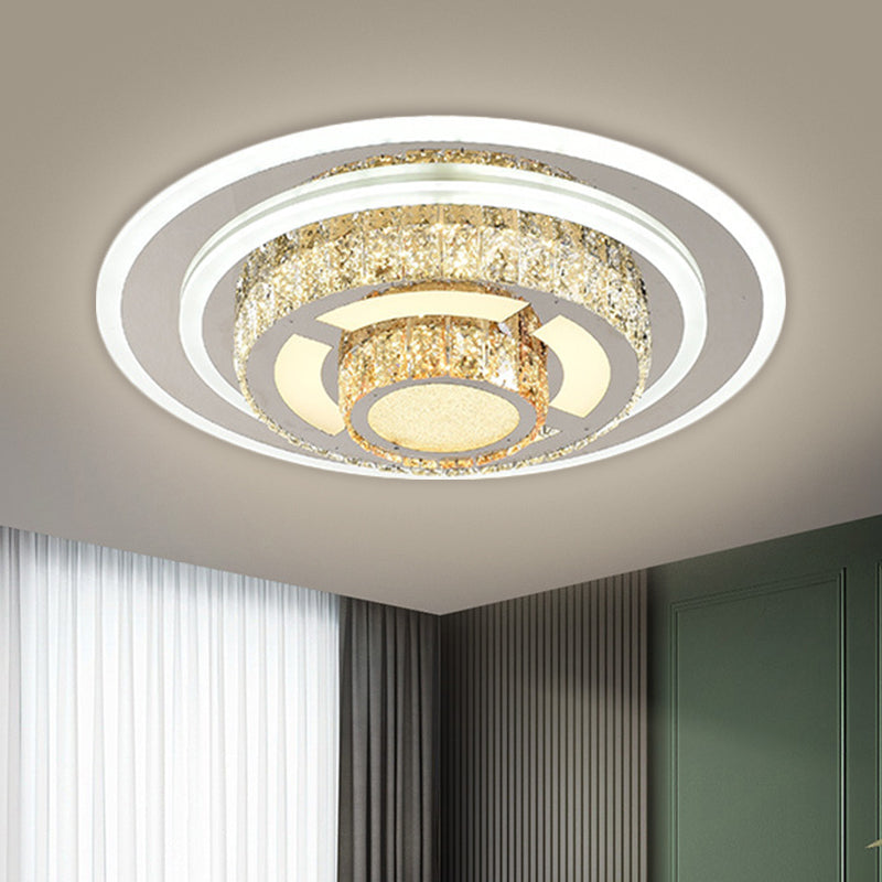 Contemporary Stainless-Steel Led Flush Mount Ceiling Lamp With Faceted Crystal Perfect For Living