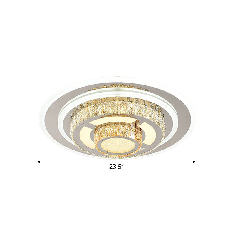 Contemporary Stainless-Steel Led Flush Mount Ceiling Lamp With Faceted Crystal Perfect For Living