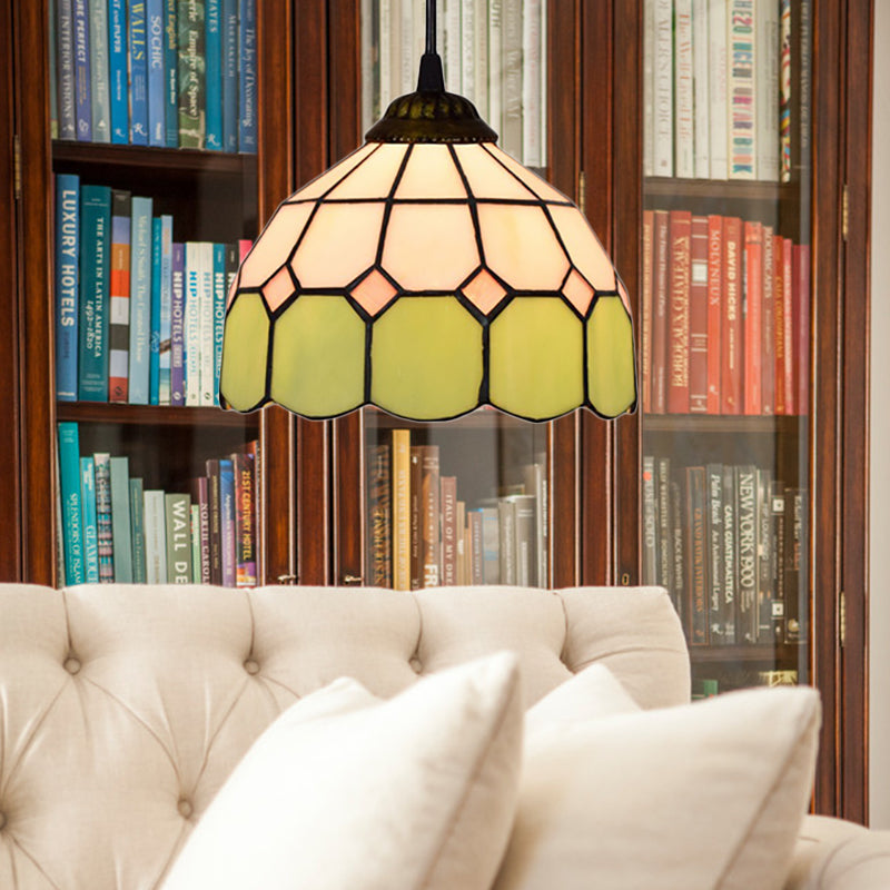 Handcrafted Tiffany-Style Suspension Lamp - Green/Light Blue/Dark Blue Green