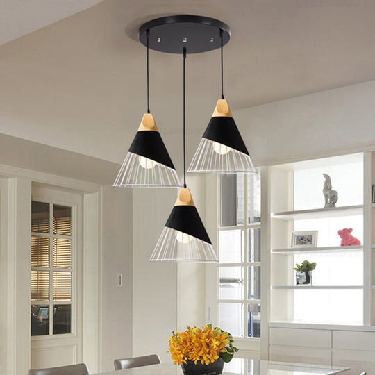 Modern Metal Pendant Light With 3 Cone Cage Shades - Black/White Finish Suspended Lamp Black