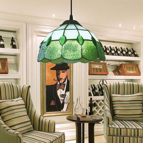 Tiffany-Style Stained Glass Beaded Drop Lamp - Pink/Green Pendant Lighting Fixture For Hall Green