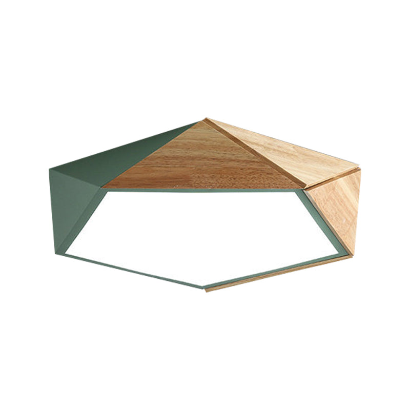 Macron Style Pentagon Study Room Ceiling Lamp In Green/Pink/Yellow - Acrylic & Wood Led Mount Light