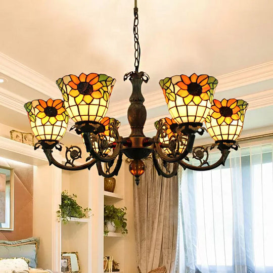 Sunflower 6-Light Tiffany Style Stained Glass Chandelier - Ideal For Living Room Yellow / Bell