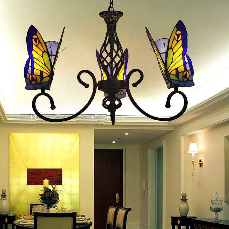 Tiffany-Style Butterfly Chandelier: Stained Glass 3-Light Fixture For Living Room Blue