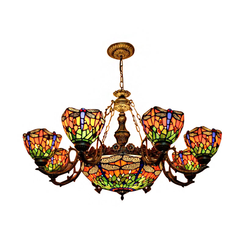 Dragonfly Tiffany Style Chandelier With Stained Glass Shade For Living Room