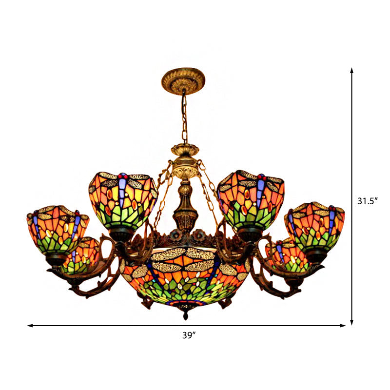 Dragonfly Tiffany Style Chandelier With Stained Glass Shade For Living Room