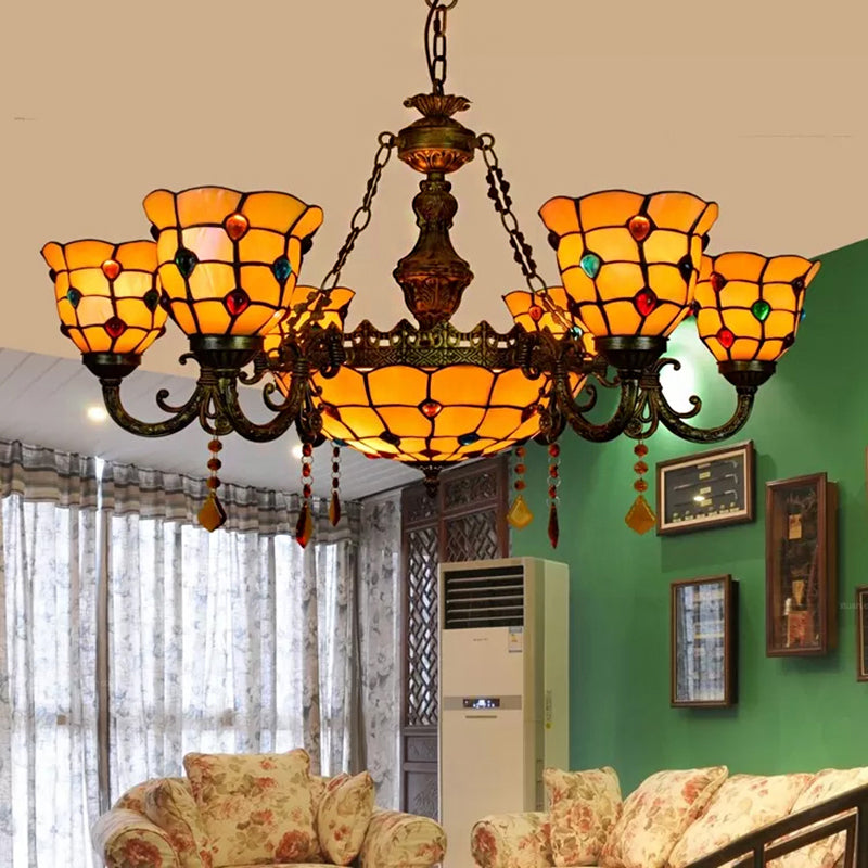 Aged Brass Chandelier With Tiffany Style Jewel Hanging Fixture For Dining Table 7 / Orange