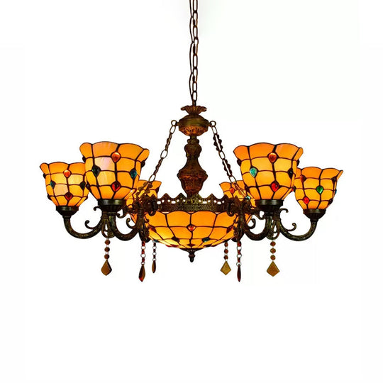 Aged Brass Chandelier With Tiffany Style Jewel Hanging Fixture For Dining Table