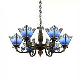 Tiffany-Style 6-Light Geometric Chandelier For Dining Rooms With Art Glass Shade And Chain