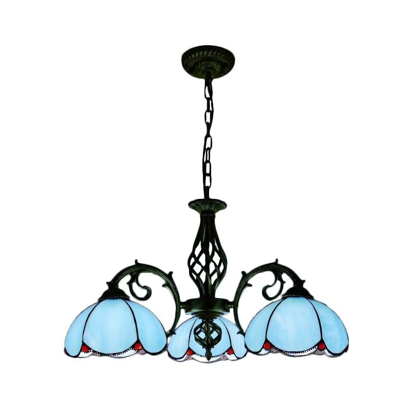 Blue Tiffany Chandelier - 3-Light Floral Pendant Lamp For Dining Table With Adjustable Chain