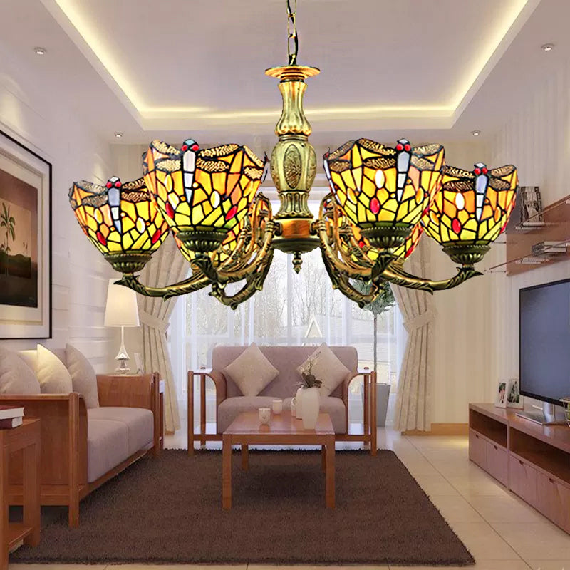 Dragonfly Tiffany Style Stained Glass Chandelier With 6 Lights In Antique Brass And Adjustable