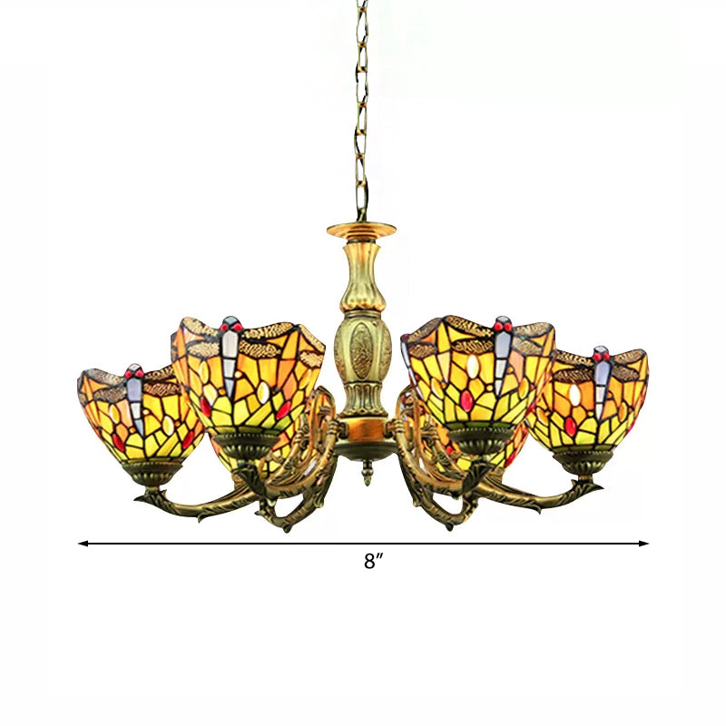 Dragonfly Tiffany Style Stained Glass Chandelier With 6 Lights In Antique Brass And Adjustable Chain