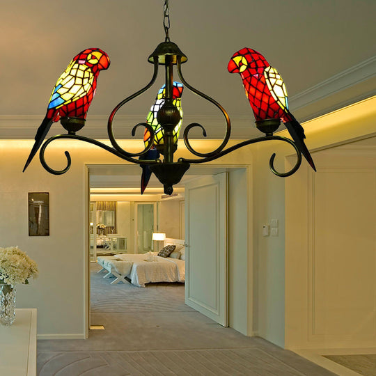 Tiffany-Style Parrot Stained Glass Chandelier In Antique Brass - Ideal For Dining Rooms 3 /