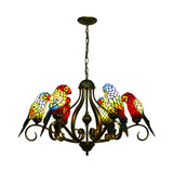 Tiffany-Style Stained Glass Chandelier: Antique Brass Ceiling Fixture With Parrot Design - Ideal For