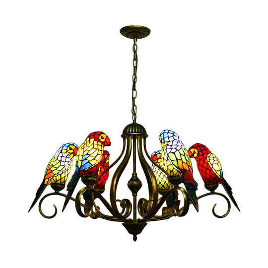 Tiffany-Style Stained Glass Chandelier: Antique Brass Ceiling Fixture With Parrot Design - Ideal For