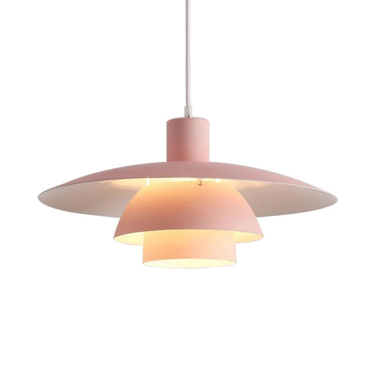 Nordic Metal Pendant Lamp With Tiered Design And Flared Shade - 1-Head Pink/White Hanging Lighting