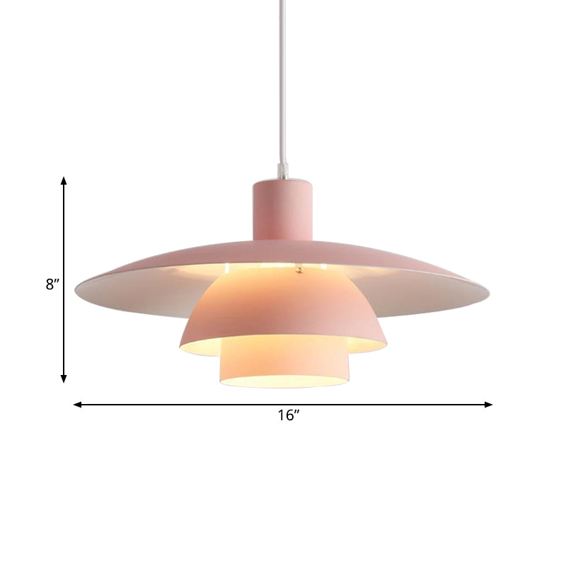 Nordic Metal Pendant Lamp With Tiered Design And Flared Shade - 1-Head Pink/White Hanging Lighting